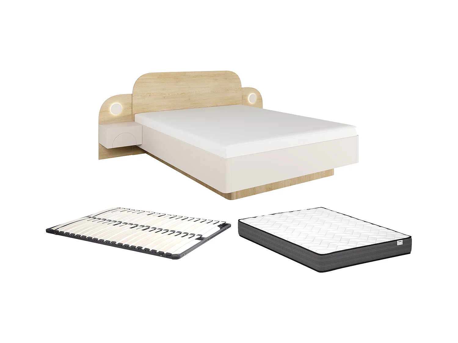 Säng 160 x 200 cm - Med sängbord och LED-belysning - Färg: Beige och Naturlig + Ribbotten + Madrass - DARTAGNO