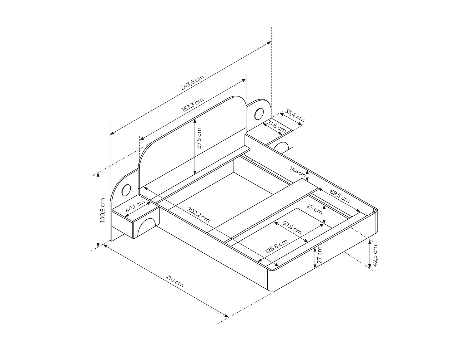 Seng 160 x 200 cm - Med nattbord og LED-lys - Farge: Beige og Naturlig + Sengebunn + Madrass - DARTAGNO