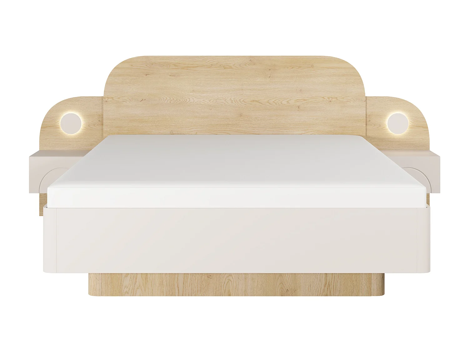 Seng 160 x 200 cm - Med nattbord og LED-lys - Farge: Beige og Naturlig + Sengebunn + Madrass - DARTAGNO