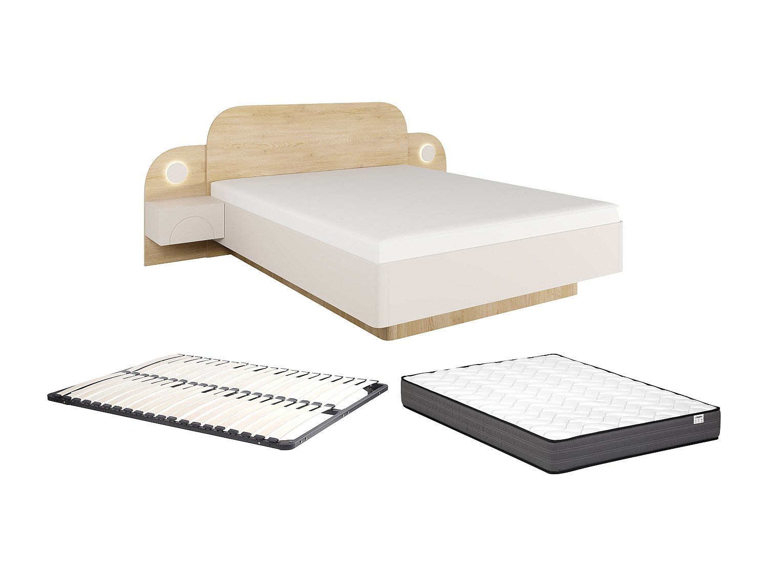Bett 160 x 200 cm - Mit Nachttischen und LEDs - Beige und Naturholz + Latte günstig online kaufen