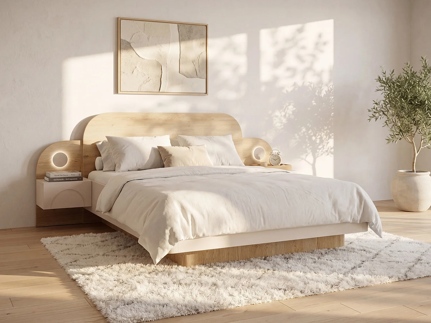Bed met opbergruimte 160 x 200 cm - Met nachtkastjes en LEDs - Kleur: Beige en Naturel + Lattenbodem + Matras - DARTAGNO