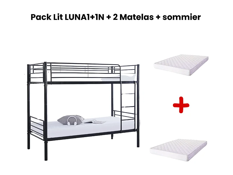 Pack : Lit superposé + Matelas compris Séparable métal LUNA 1+1 90x190 cm sommier inclus noir