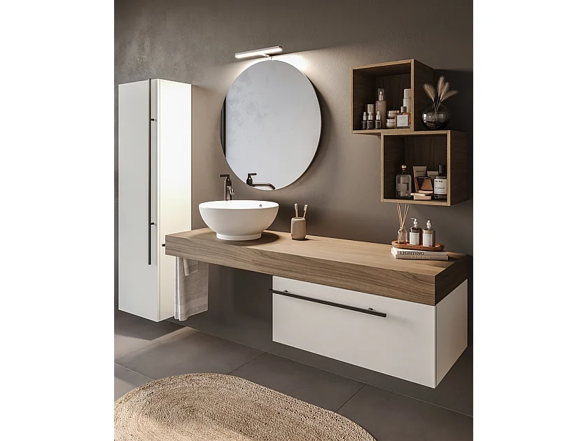 Mobile bagno Top L 140 x P 46 con lavabo in appoggio poro noce cassettiera bianco luce specchio rotondo