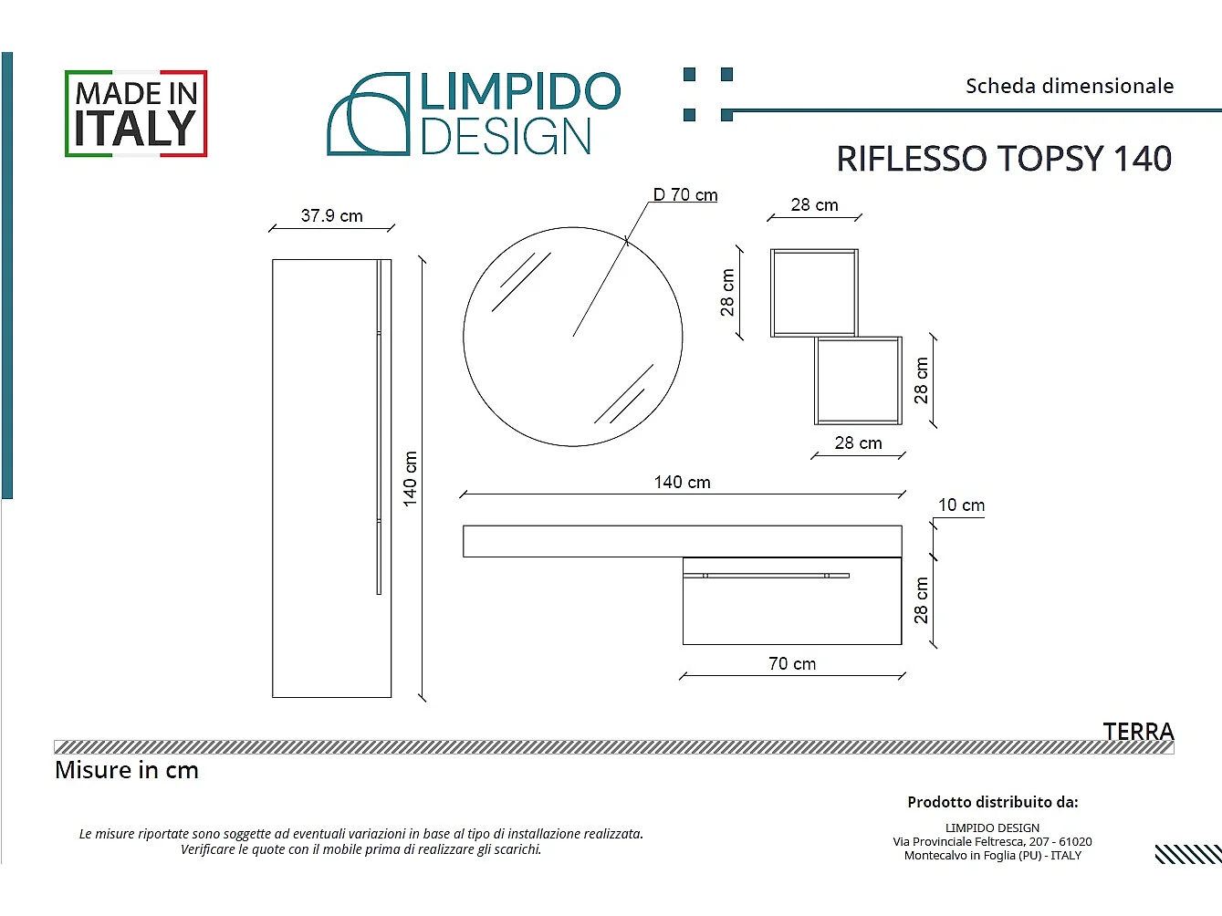 Mobile bagno Top L 140 x P 46 con lavabo in appoggio poro noce cassettiera bianco luce specchio rotondo