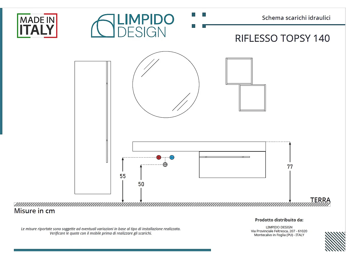 Mobile bagno Top L 140 x P 46 con lavabo in appoggio poro noce cassettiera bianco luce specchio rotondo