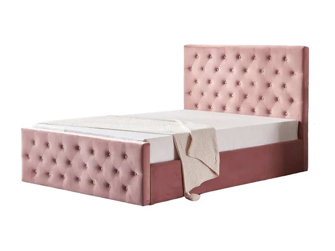 Lit coffre capitonné velours rose 160x200 cm sommier inclus VICTORIA