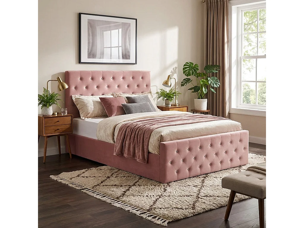 Lit coffre capitonné velours rose 160x200 cm sommier inclus VICTORIA