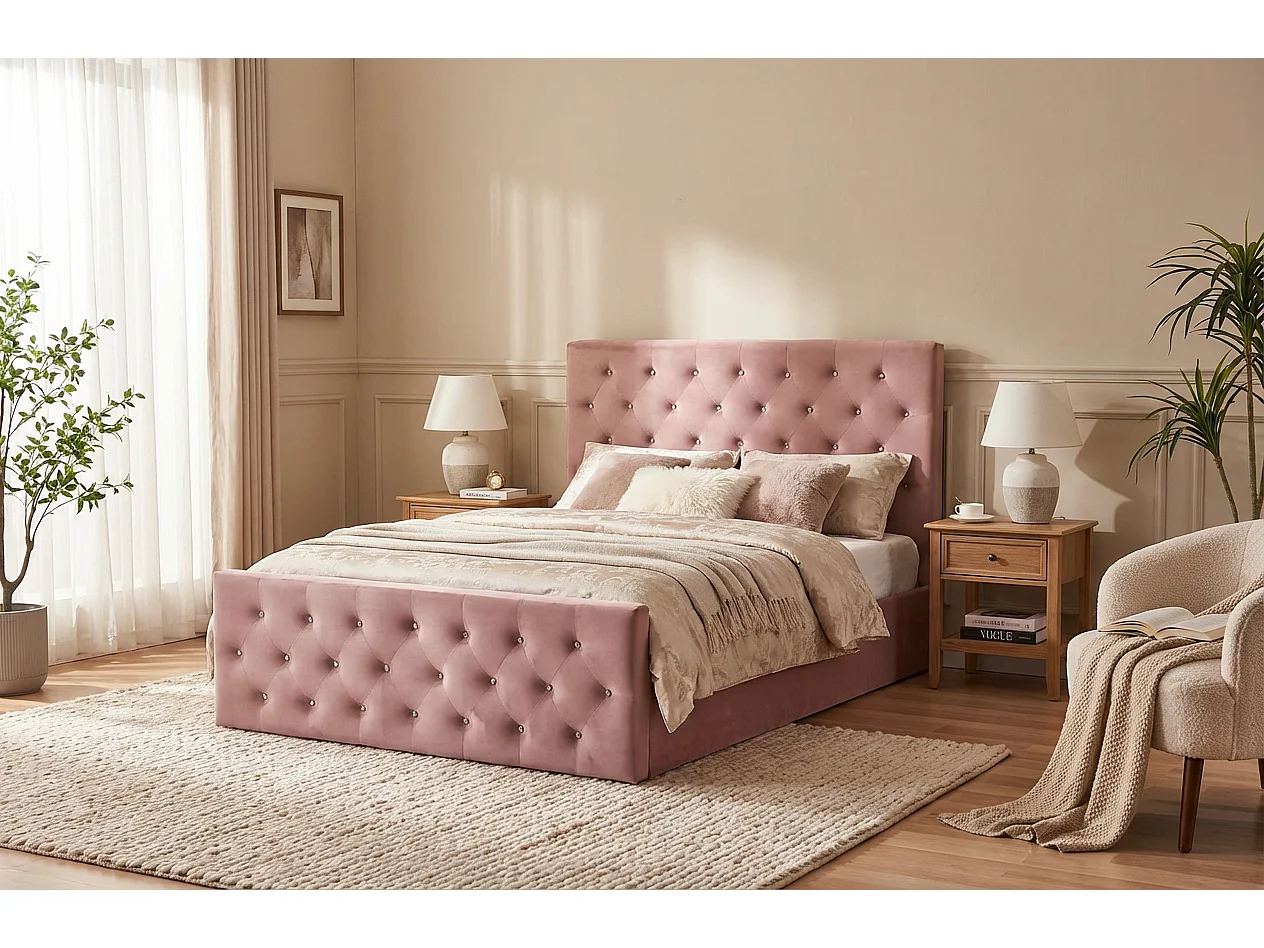 Lit coffre capitonné velours rose 160x200 cm sommier inclus VICTORIA