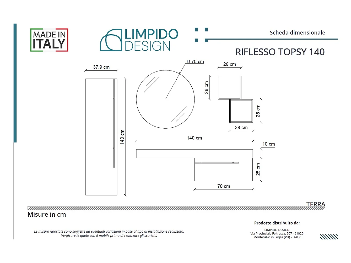 Mobile bagno Top L 140 x P 46 con lavabo in appoggio poro noce cassettiera specchio rotondo