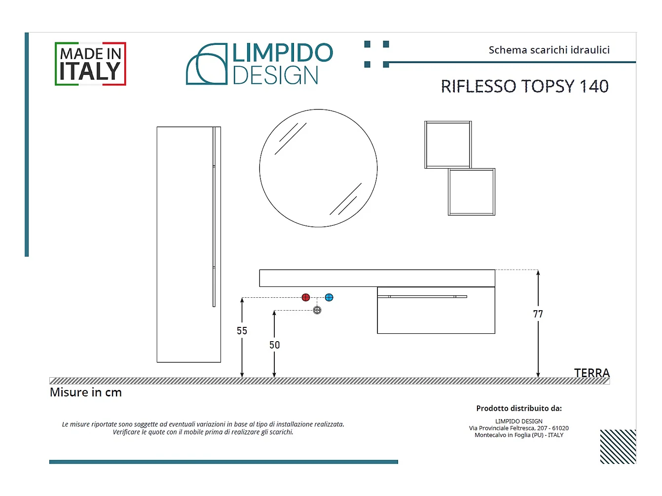 Mobile bagno Top L 140 x P 46 con lavabo in appoggio poro noce cassettiera specchio rotondo