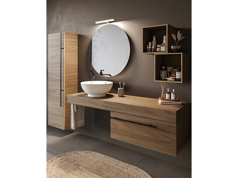 Mobile bagno Top L 140 x P 46 con lavabo in appoggio poro noce cassettiera specchio rotondo