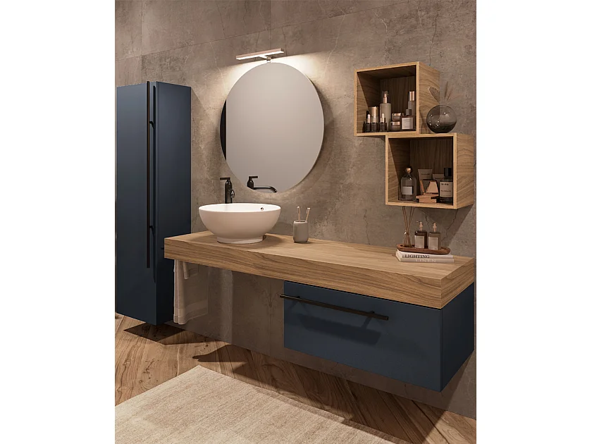 Mobile bagno Top L 140 x P 46 con lavabo in appoggio poro noce cassettiera blu oceano specchio rotondo