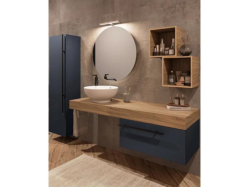 Mobile bagno Top L 140 x P 46 con lavabo in appoggio poro noce cassettiera blu oceano specchio rotondo