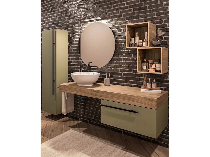 Mobile bagno Top L 140 x P 46 con lavabo in appoggio poro noce cassettiera verde salvia specchio rotondo