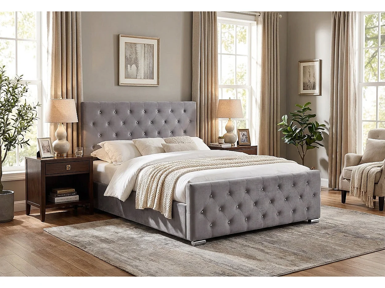 Lit 2 places 140x190 cm velours gris sommier inclus  PRESTIGE