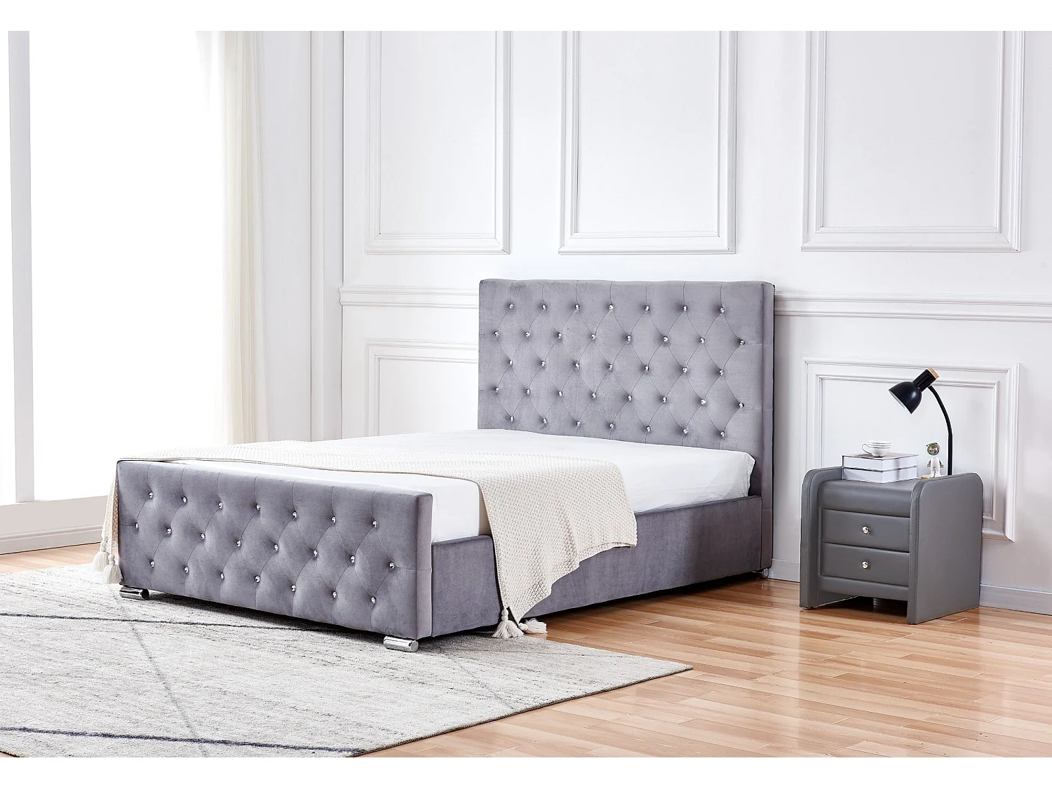 Lit 2 places 140x190 cm velours gris sommier inclus  PRESTIGE