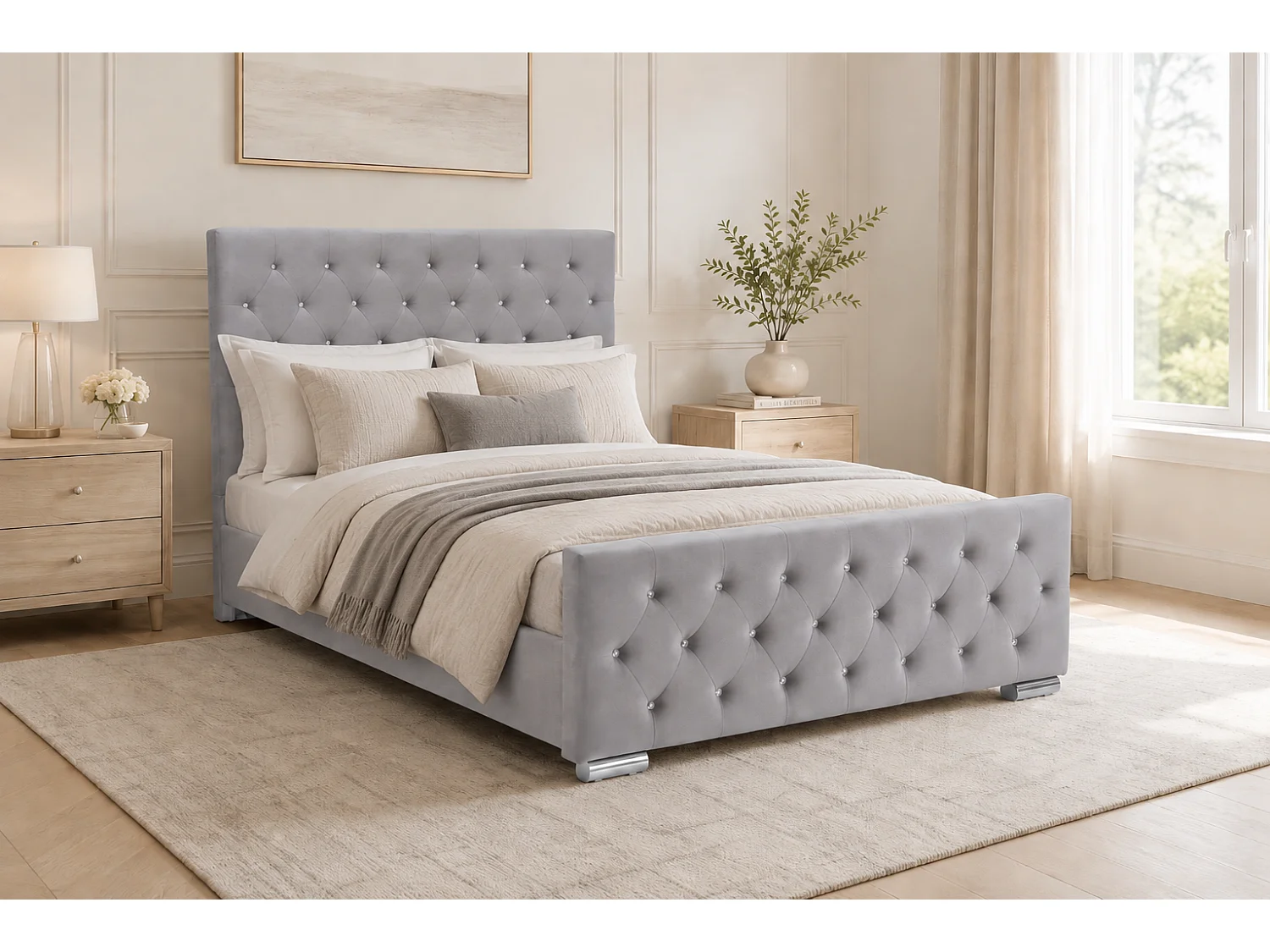 Lit 2 places 140x190 cm velours gris sommier inclus  PRESTIGE