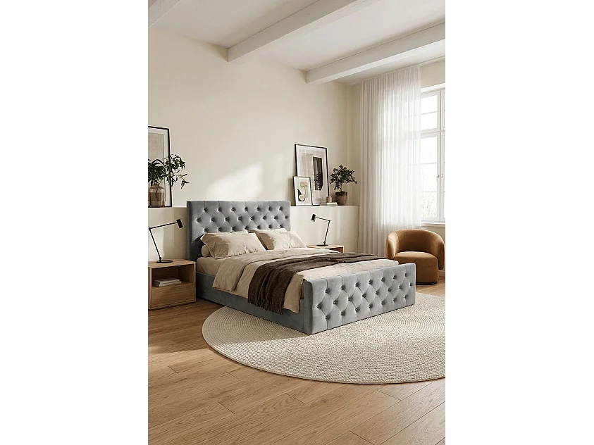 Lit coffre capitonné velours gris 160x200 cm sommier inclus VICTORIA