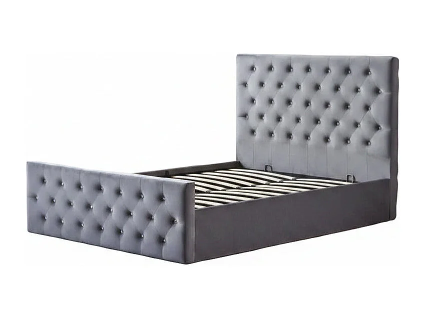 Lit coffre capitonné velours gris 160x200 cm sommier inclus VICTORIA