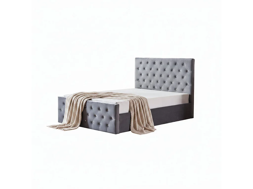 Lit coffre capitonné velours gris 160x200 cm sommier inclus VICTORIA