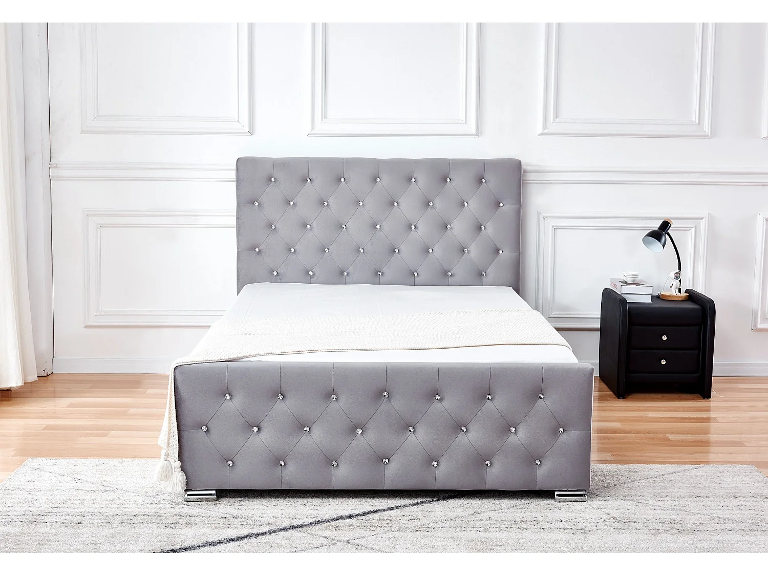 Lit 2 places 160x200 cm en velours gris sommier inclus PRESTIGE