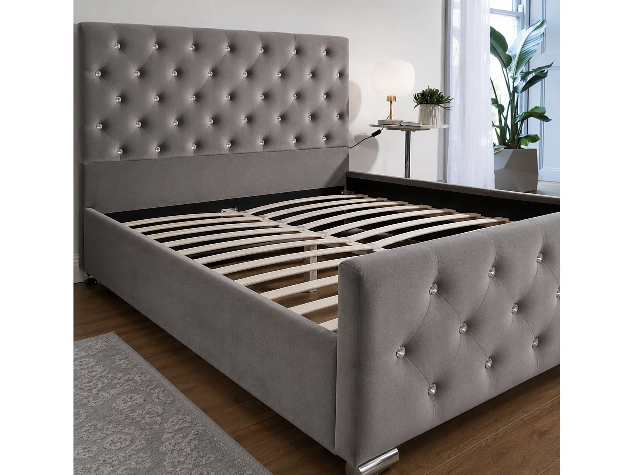 Lit 2 places 160x200 cm en velours gris sommier inclus PRESTIGE