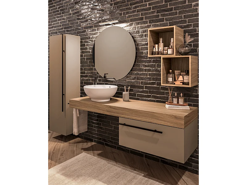 Mobile bagno Top L 140 x P 46 con lavabo in appoggio poro noce cassettiera tortora milano specchio rotondo