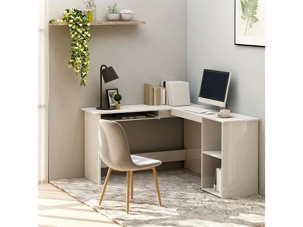 Skive  Bureau d'angle en forme de L Blanc brillant Bois d'ingénierie