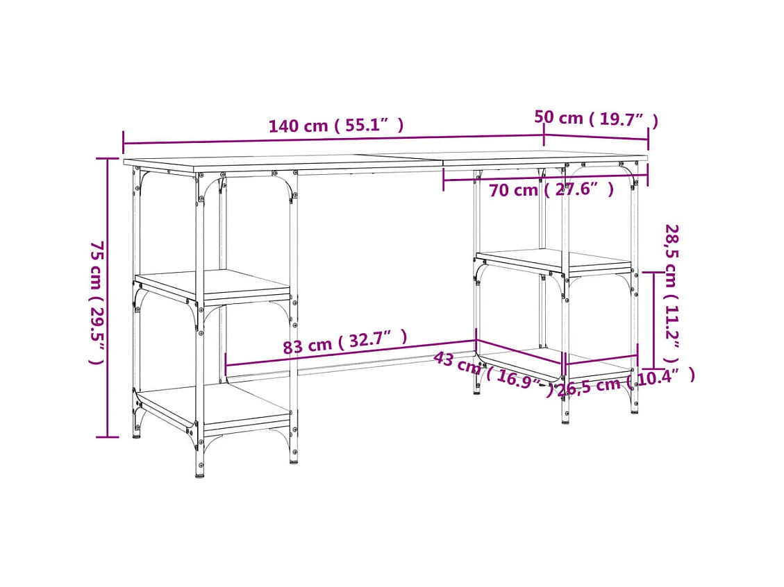 Caragh  Bureau sonoma gris 140x50x75 cm métal et bois d'ingénierie