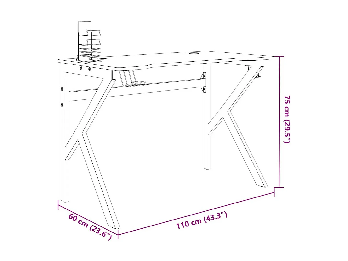 Faril  Gamingbureau met K-vormige poten 110x60x75 cm zwart