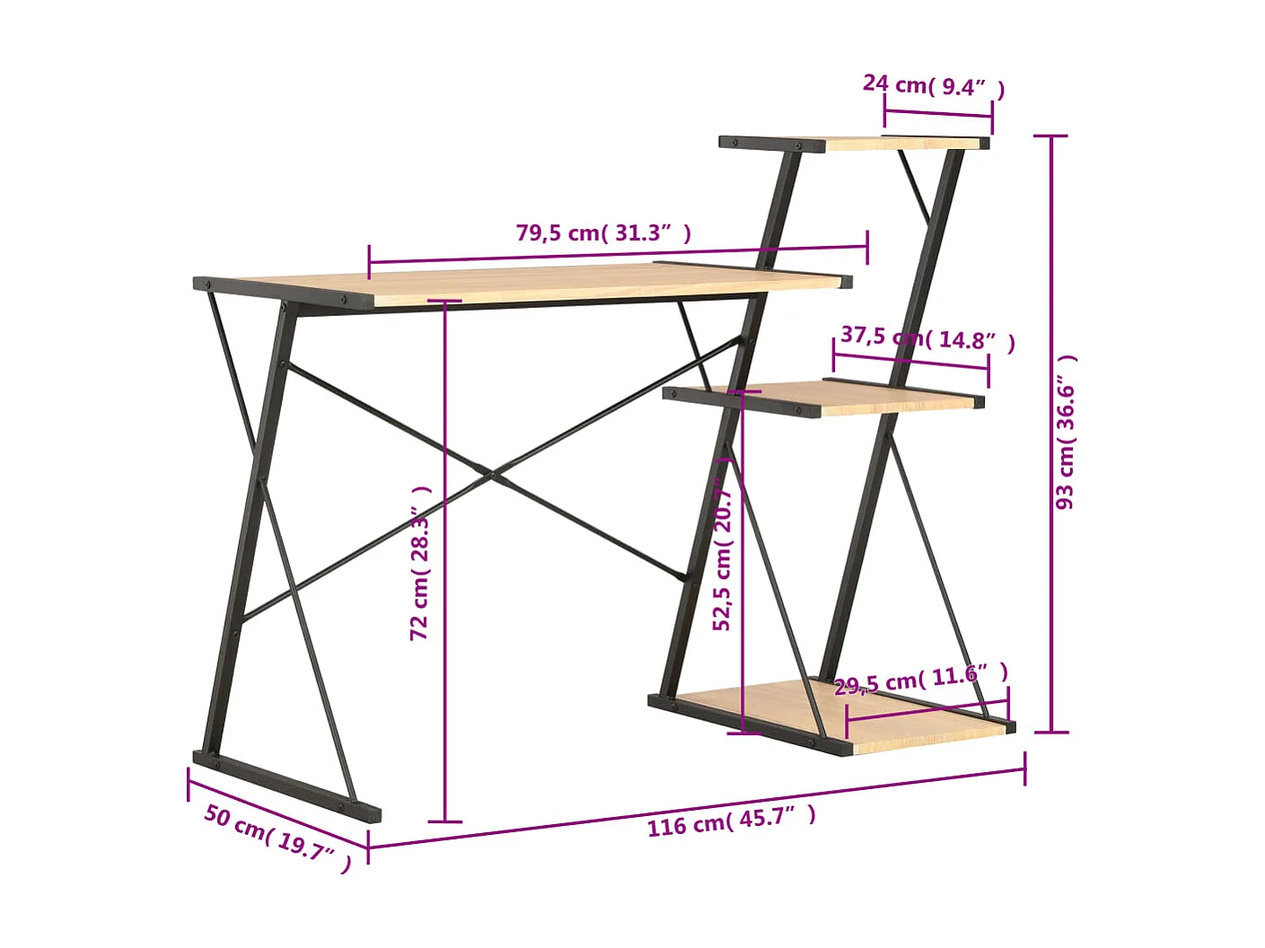 Sovran  Bureau avec étagère Noir et chêne 116x50x93 cm