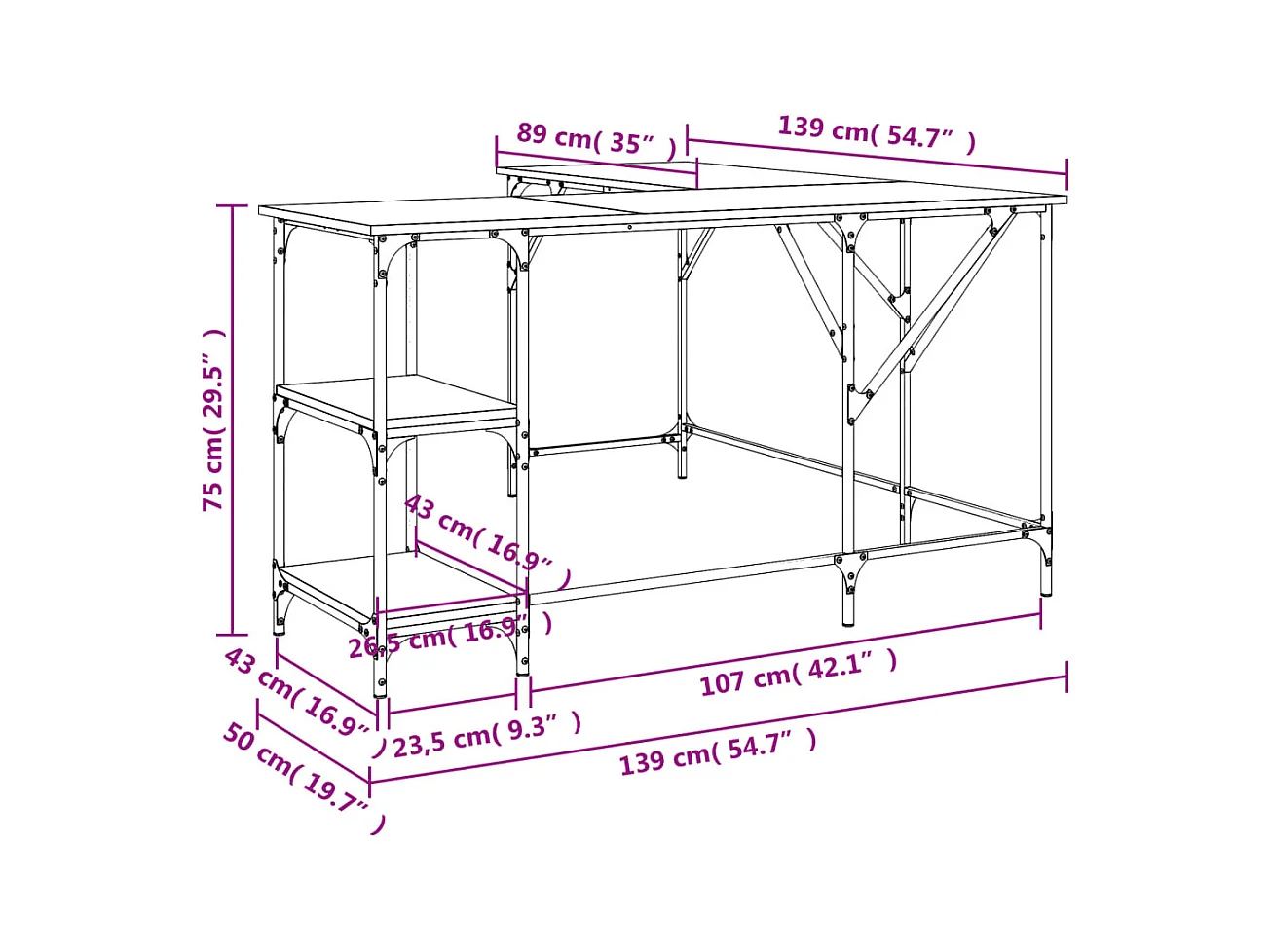 Selma  Bureau chêne sonoma 139x139x75 cm bois d'ingénierie