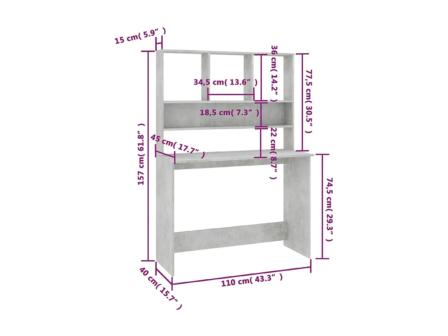 Jomala  Bureau met schappen 110x45x157 cm bewerkt hout betongrijs