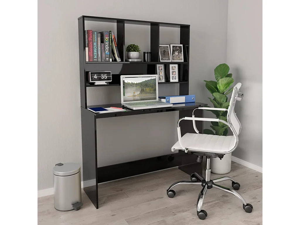 Jomala  Bureau avec étagères Noir brillant 110 x 45 x 157 cm Aggloméré