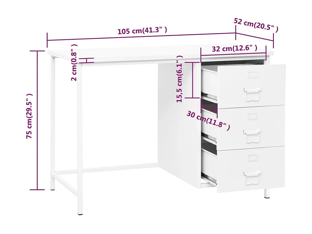 Torlin  Bureau industriel avec tiroirs Blanc 105x52x75 cm Acier