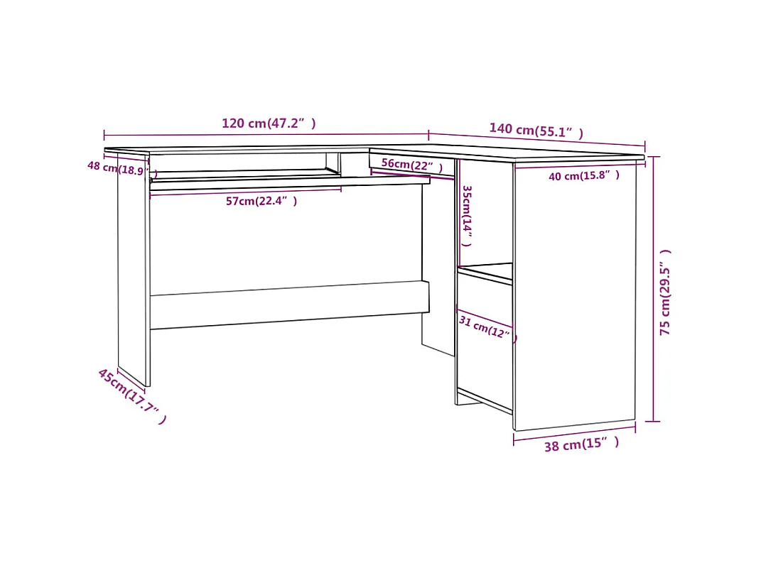 Skive  Bureau d'angle en forme de L Blanc 120x140x75 cm
