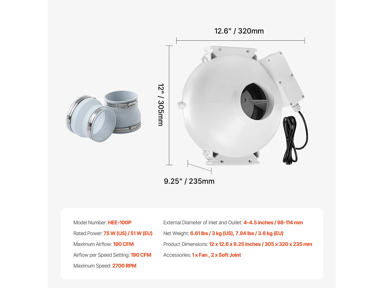 Ventilateur de Radon SucceBuy 98-114 mm 190 CFM, Silencieux et Étanche