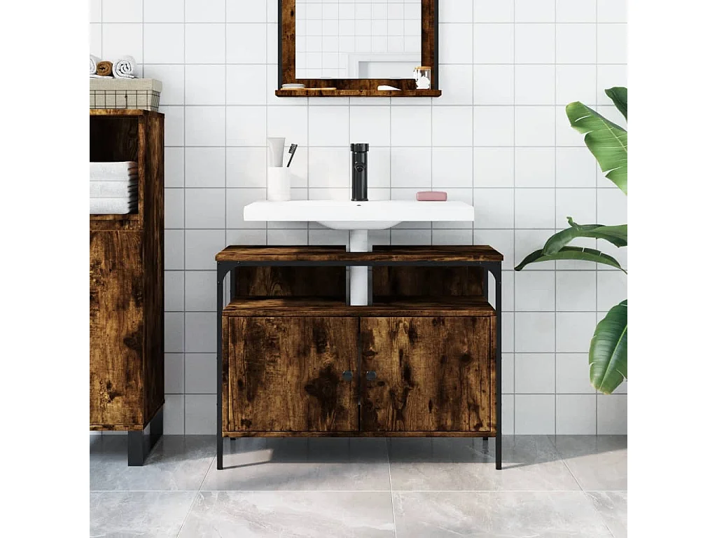 Udrik  Armoire lavabo de salle de bain chêne fumé 80x30x60 cm