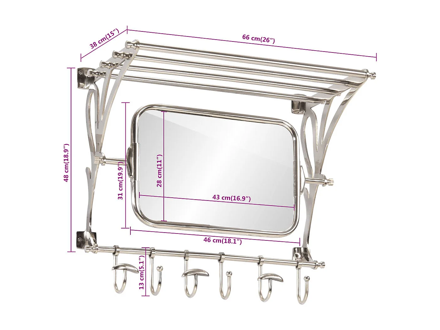 Hidir  Porte-bagages avec cintres et miroir mural aluminium
