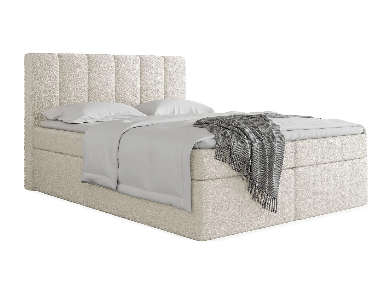 Boxspringbett 160x200 mit Bettkasten – Gepolstert Doppelbett mit 7-Zonen Taschenfederkern-Matratze, 5 cm Komfortschaum-Topper Inklusive – Boucle Stoff Weiß
