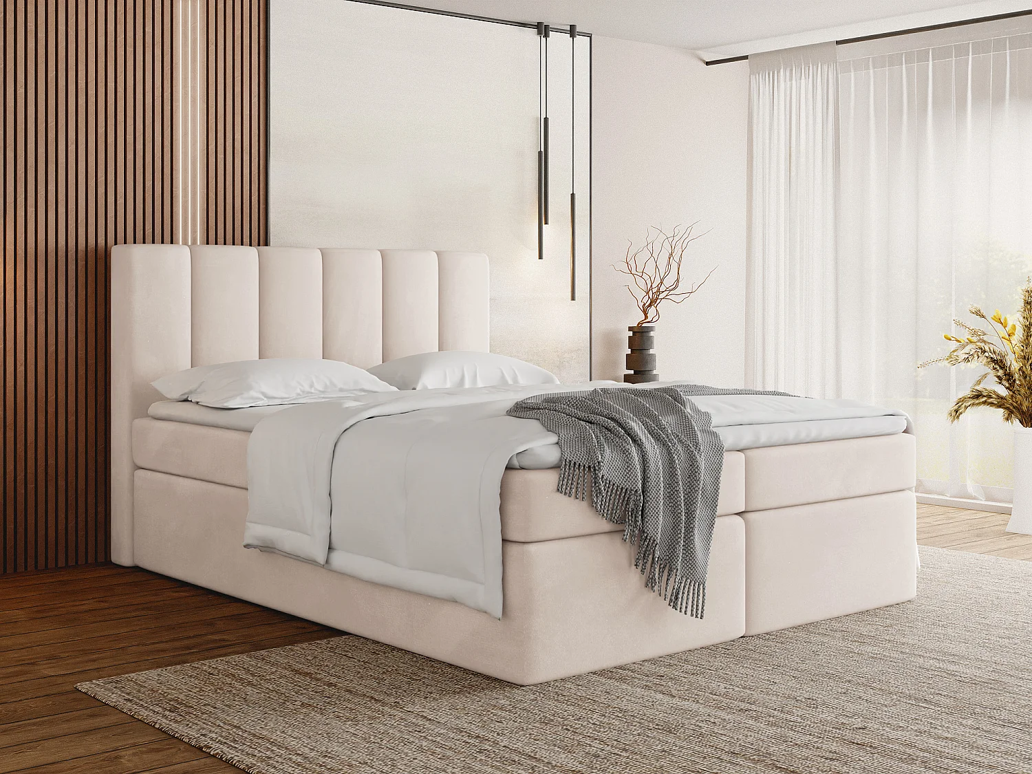 Boxspringbett 120x200 mit Bettkasten – Gepolstert Doppelbett mit 7-Zonen Taschenfederkern-Matratze, 5 cm Komfortschaum-Topper Inklusive – Samt Stoff Beige