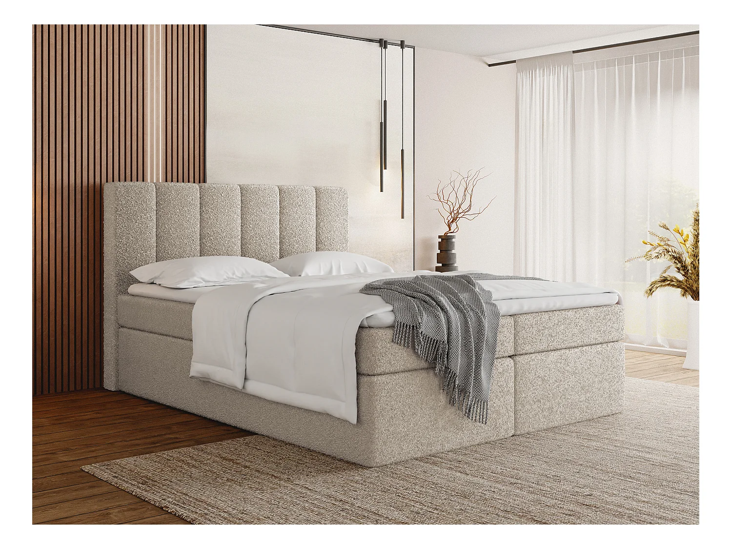 Lit Boxspring Amira 140x200 avec Matelas, Surmatelas et Coffre – Lit Coffre Tissu Bouclette Beige – Tête Capitonnée – Lit Double Adulte – Crème
