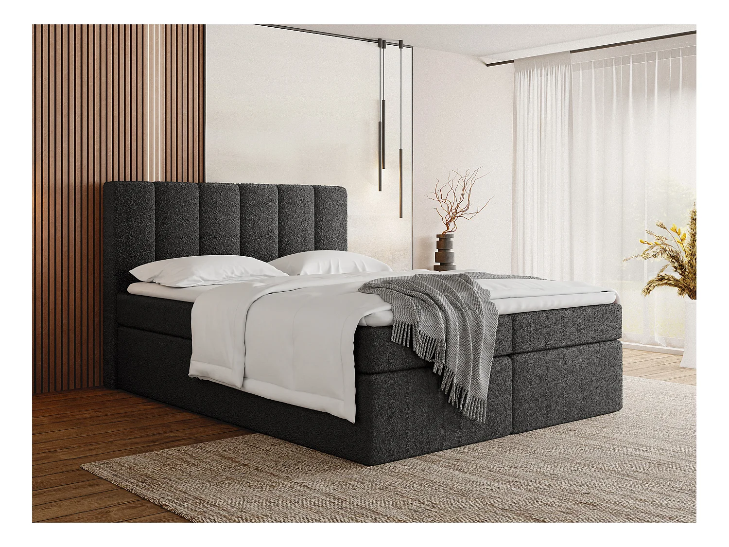 Lit Boxspring Amira 160x200 avec Matelas, Surmatelas et Coffre – Lit Coffre Tissu Bouclette – Tête Capitonnée – Lit Double Adulte – Noir