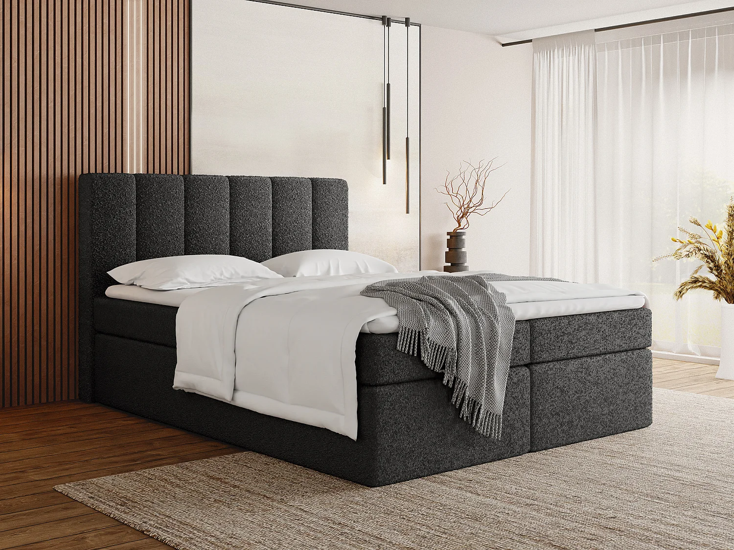 Boxspringbett 180x200 mit Bettkasten – Gepolstert Doppelbett mit 7-Zonen Taschenfederkern-Matratze, 5 cm Komfortschaum-Topper Inklusive – Boucle Stoff Schwarz
