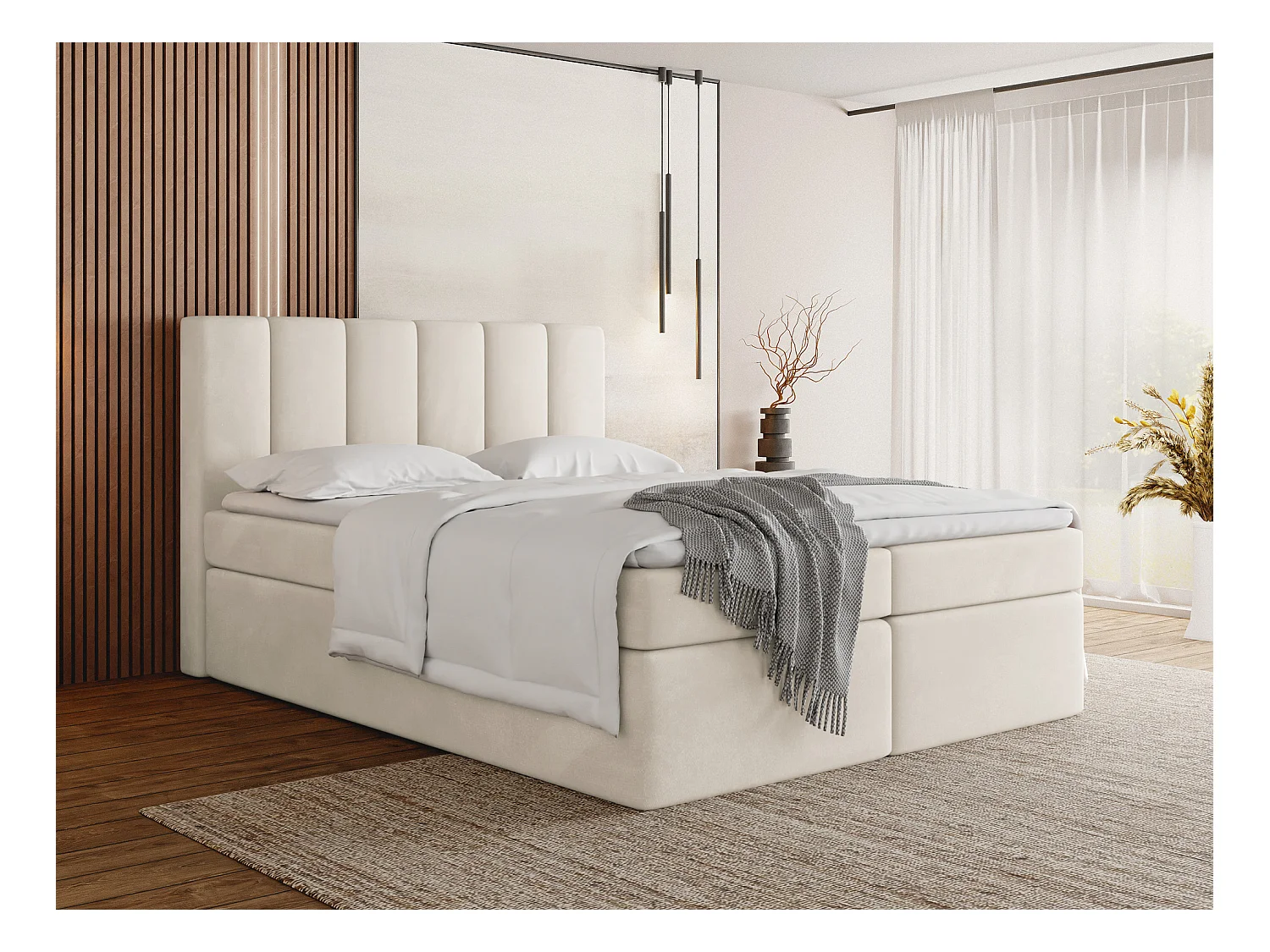 Lit Boxspring Amira 140x200 avec Matelas, Surmatelas et Coffre – Lit Coffre Tissu Velours Beige – Tête Capitonnée – Lit Double Adulte – Crème