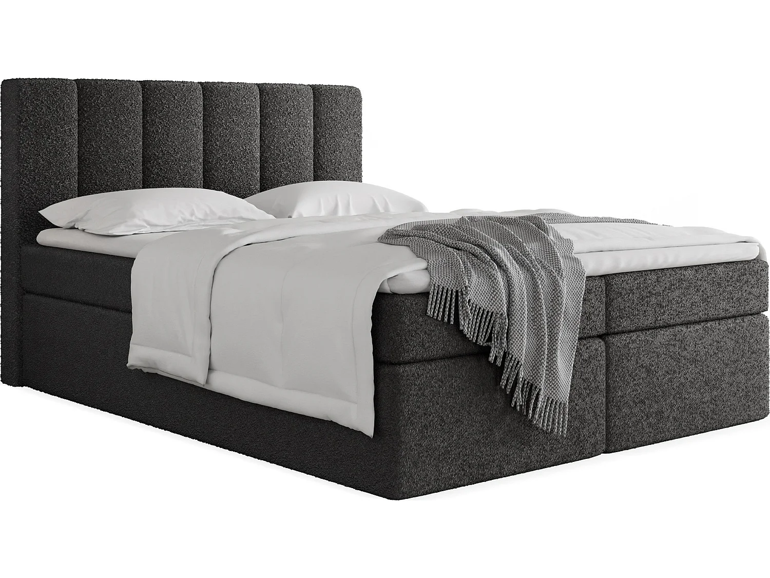 Boxspringbett 160x200 mit Bettkasten – Gepolstert Doppelbett mit 7-Zonen Taschenfederkern-Matratze, 5 cm Komfortschaum-Topper Inklusive – Boucle Stoff Schwarz