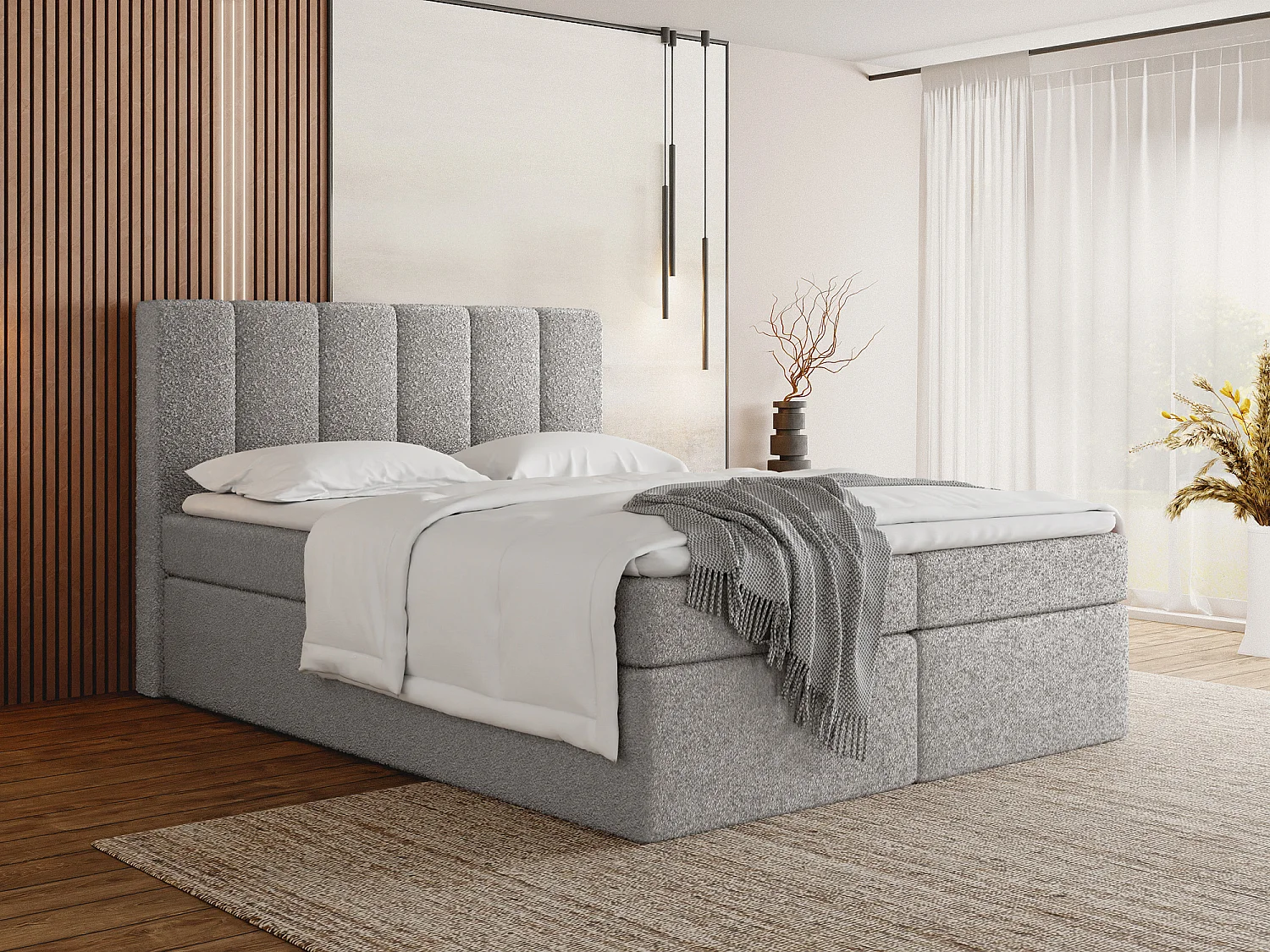 Boxspringbett 160x200 mit Bettkasten – Gepolstert Doppelbett mit 7-Zonen Taschenfederkern-Matratze, 5 cm Komfortschaum-Topper Inklusive – Boucle Stoff Grau