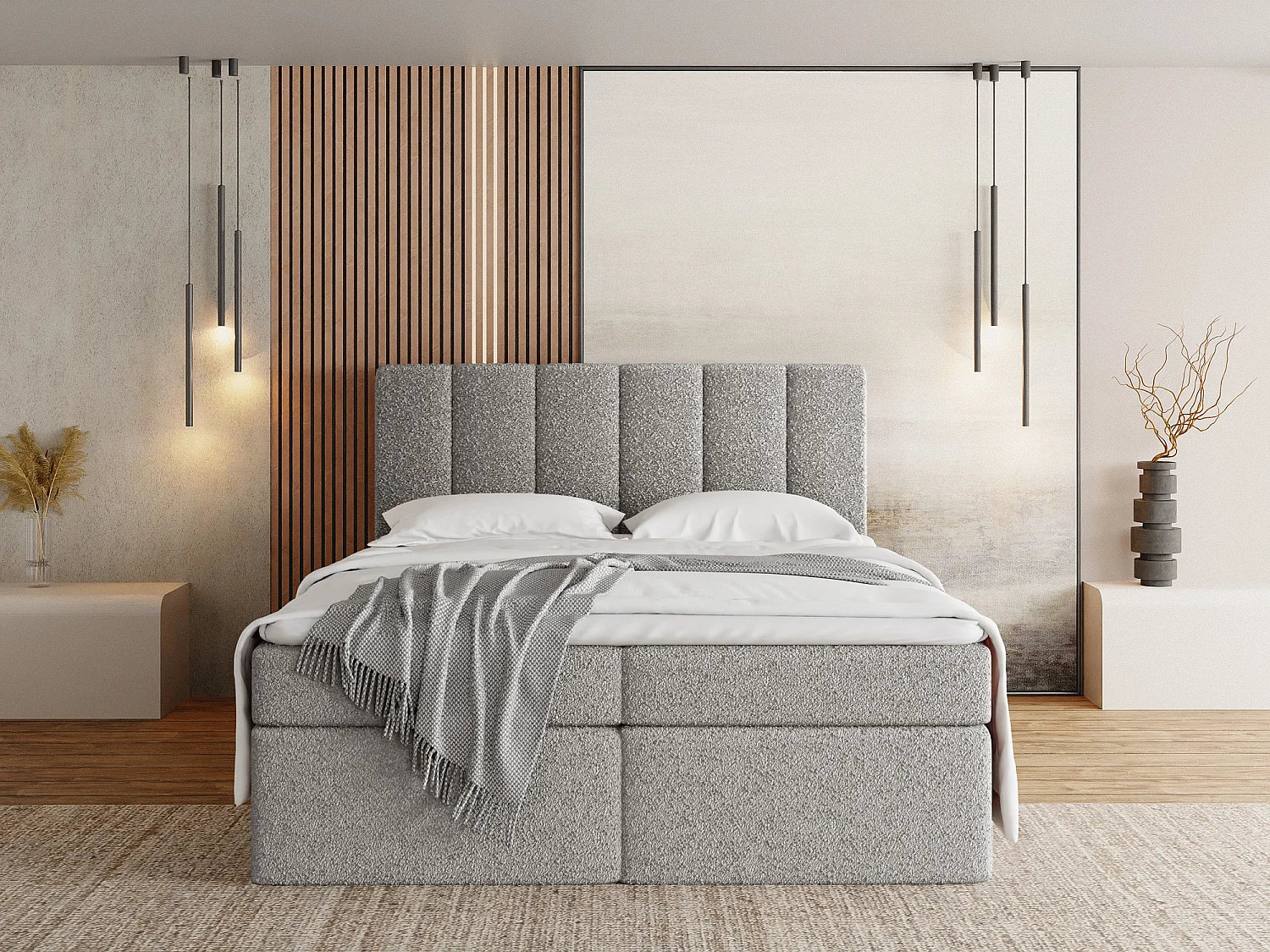 Boxspringbett 160x200 mit Bettkasten – Gepolstert Doppelbett mit 7-Zonen Taschenfederkern-Matratze, 5 cm Komfortschaum-Topper Inklusive – Boucle Stoff Grau