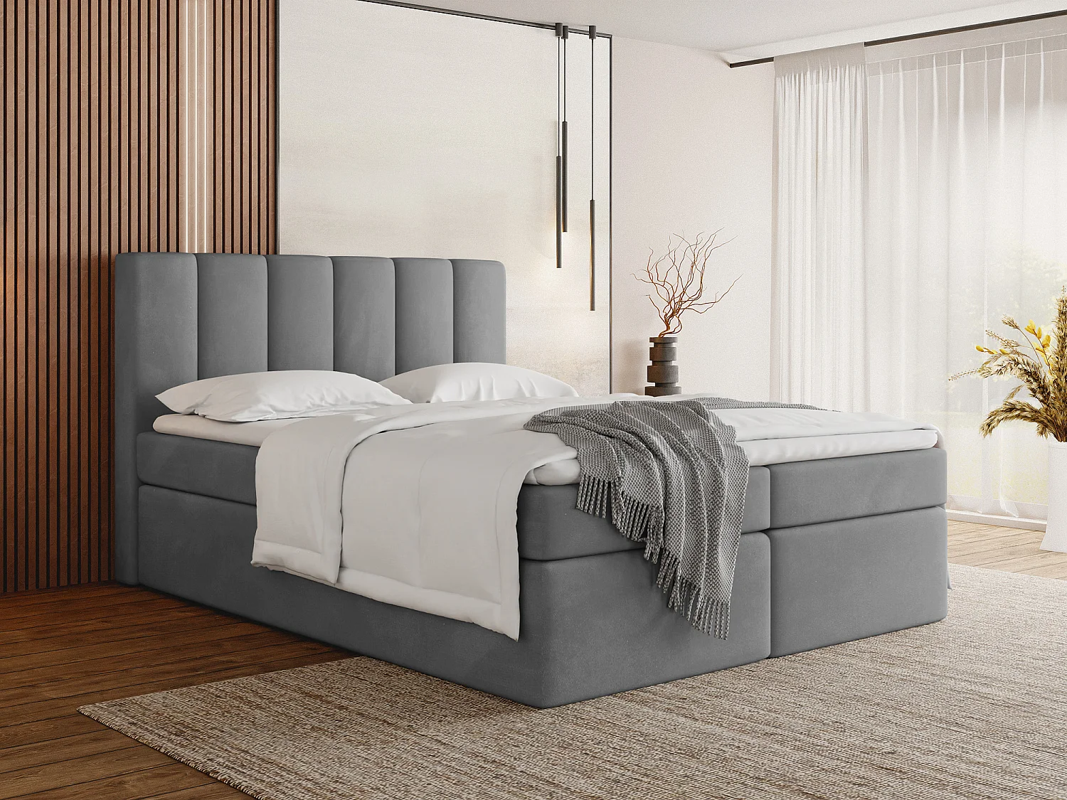 Boxspringbett 160x200 mit Bettkasten – Gepolstert Doppelbett mit 7-Zonen Taschenfederkern-Matratze, 5 cm Komfortschaum-Topper Inklusive – Samt Stoff Grau