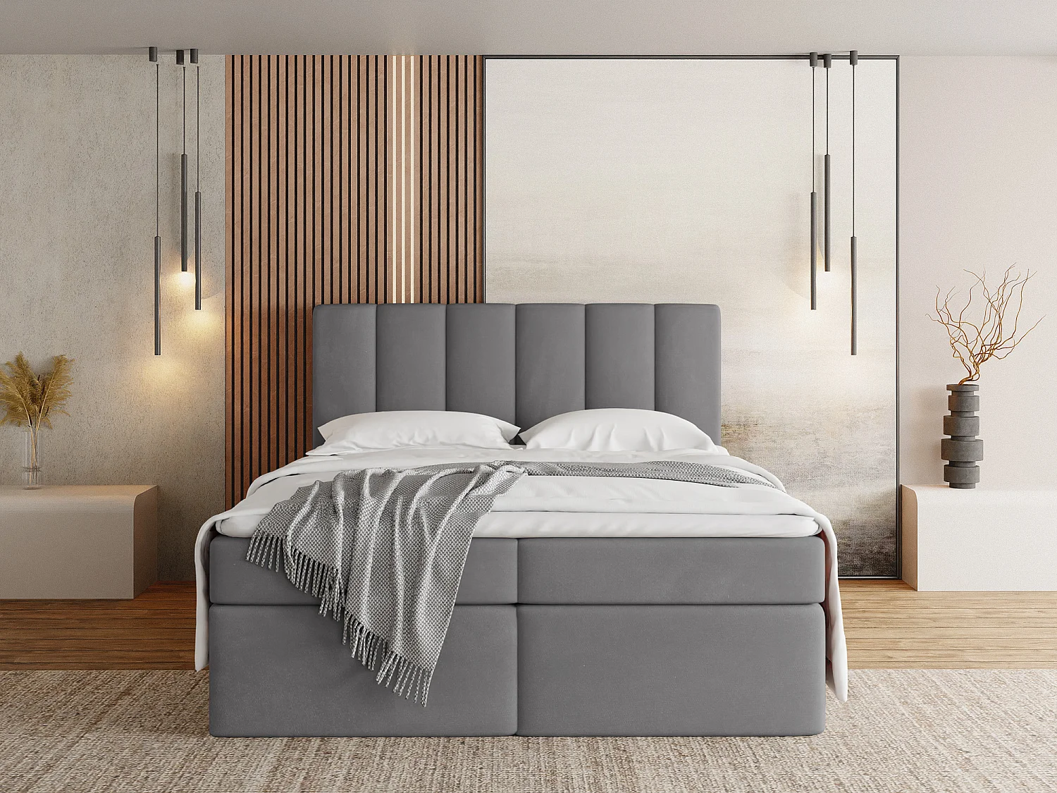 Boxspringbett 160x200 mit Bettkasten – Gepolstert Doppelbett mit 7-Zonen Taschenfederkern-Matratze, 5 cm Komfortschaum-Topper Inklusive – Samt Stoff Grau